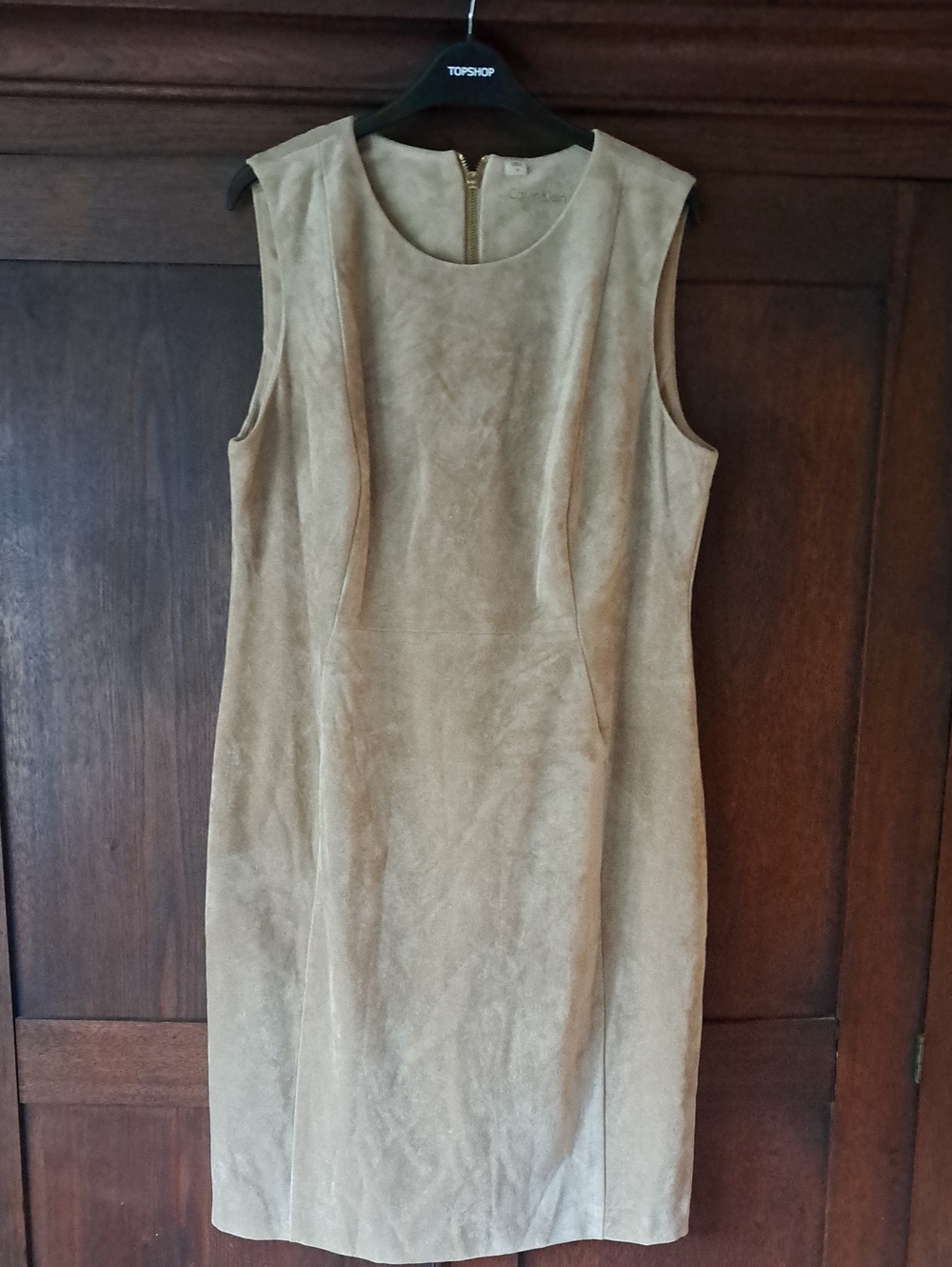 Calvin Klein Faux Suede Sleeveless Sheath Dress in Tan